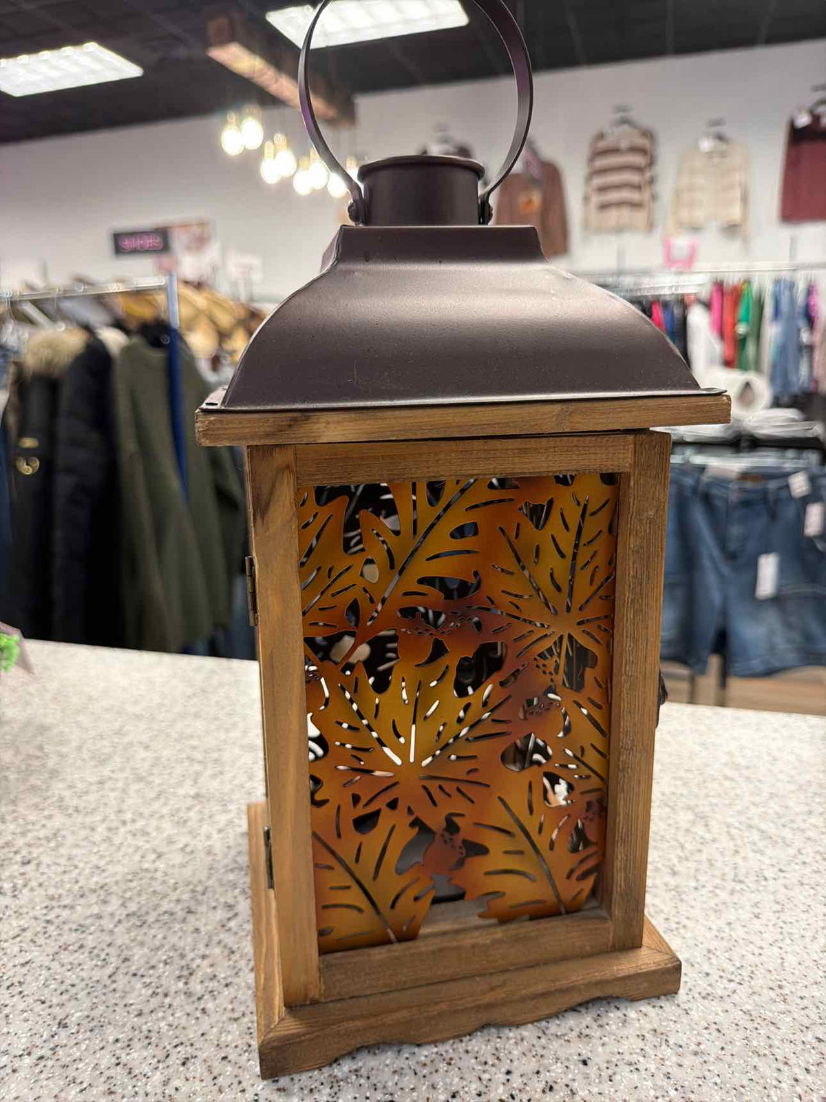 Acorns and Fall Leaves Metal and Wood Lantern Candle Holder Household