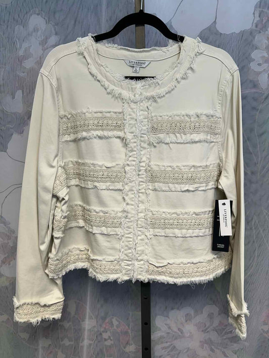 Liverpool Size XL Denim Fringe Long Sleeve Cropped White Jacket NEW NWT