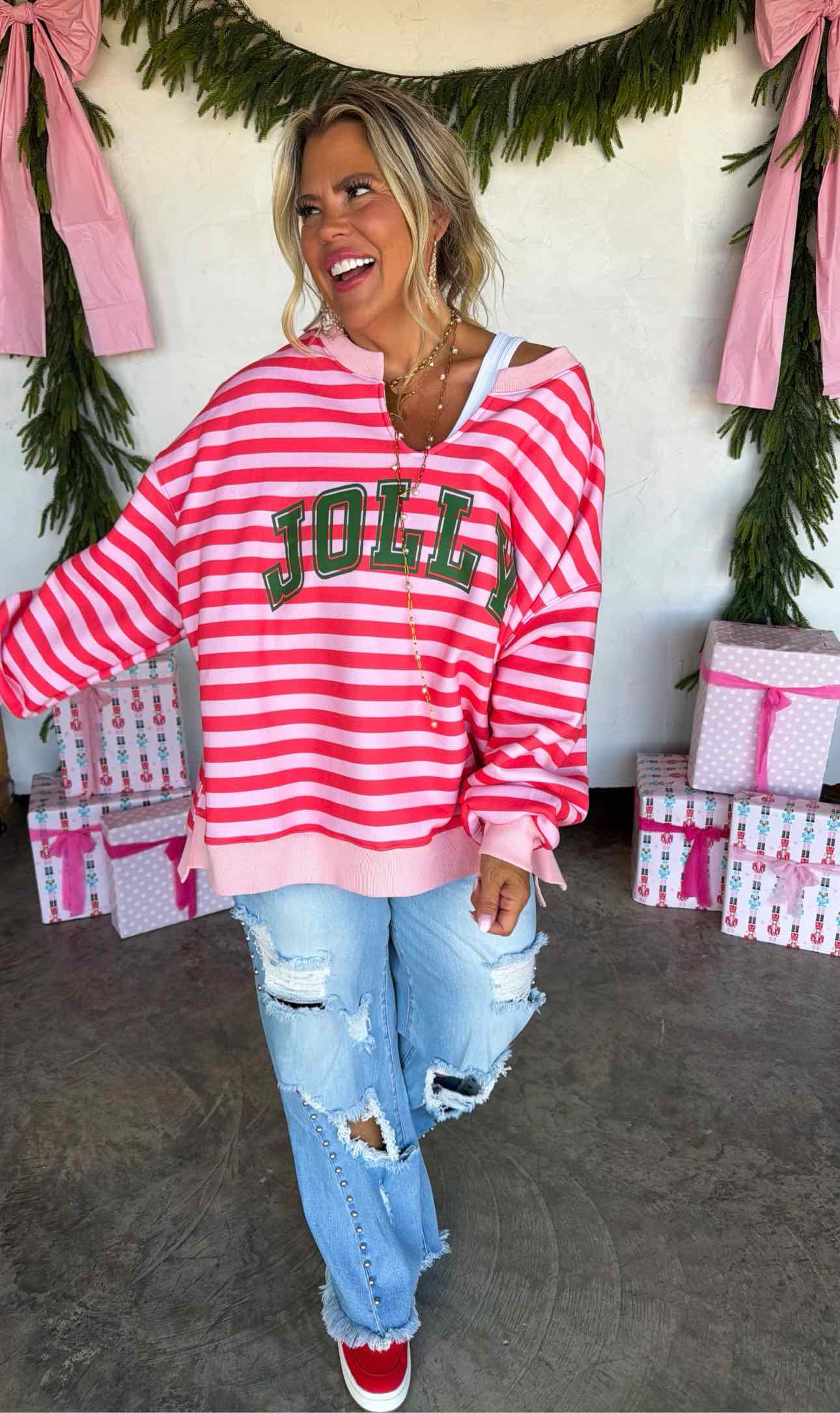 PREORDER! Striped Christmas Holiday Oversized Sweat Shirt Top