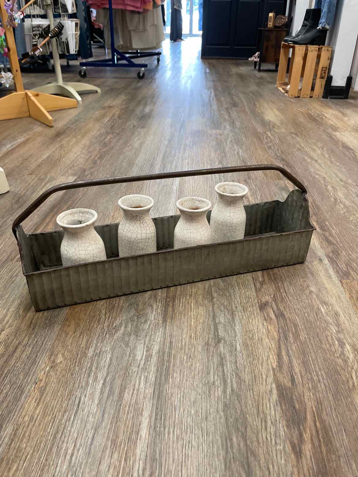 Rustic Metal Tote with 4 Crackle Bud Milk Jug Ceramic Bottles Home Decor