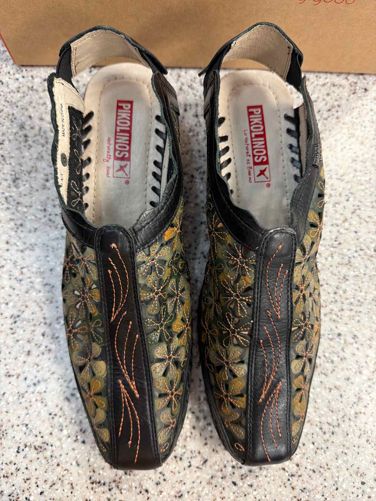 Pikolinos Size 38 Romana Floral Leather Slingback Black Olive Shoes