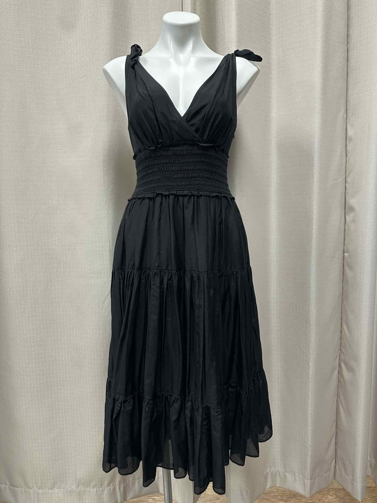 cinq a sept Silk/Linen Blend Tiered Smock Lightweight Sweetheart 0 Black Dress