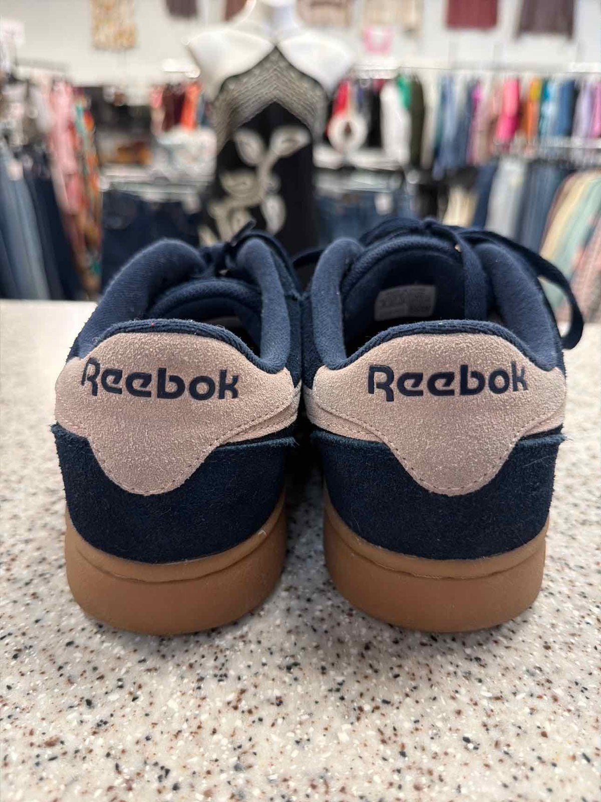 Reebok Size 8 Womans Forte Longer Suede Sneakers Pink-Toned Stripe Navy Sneakers