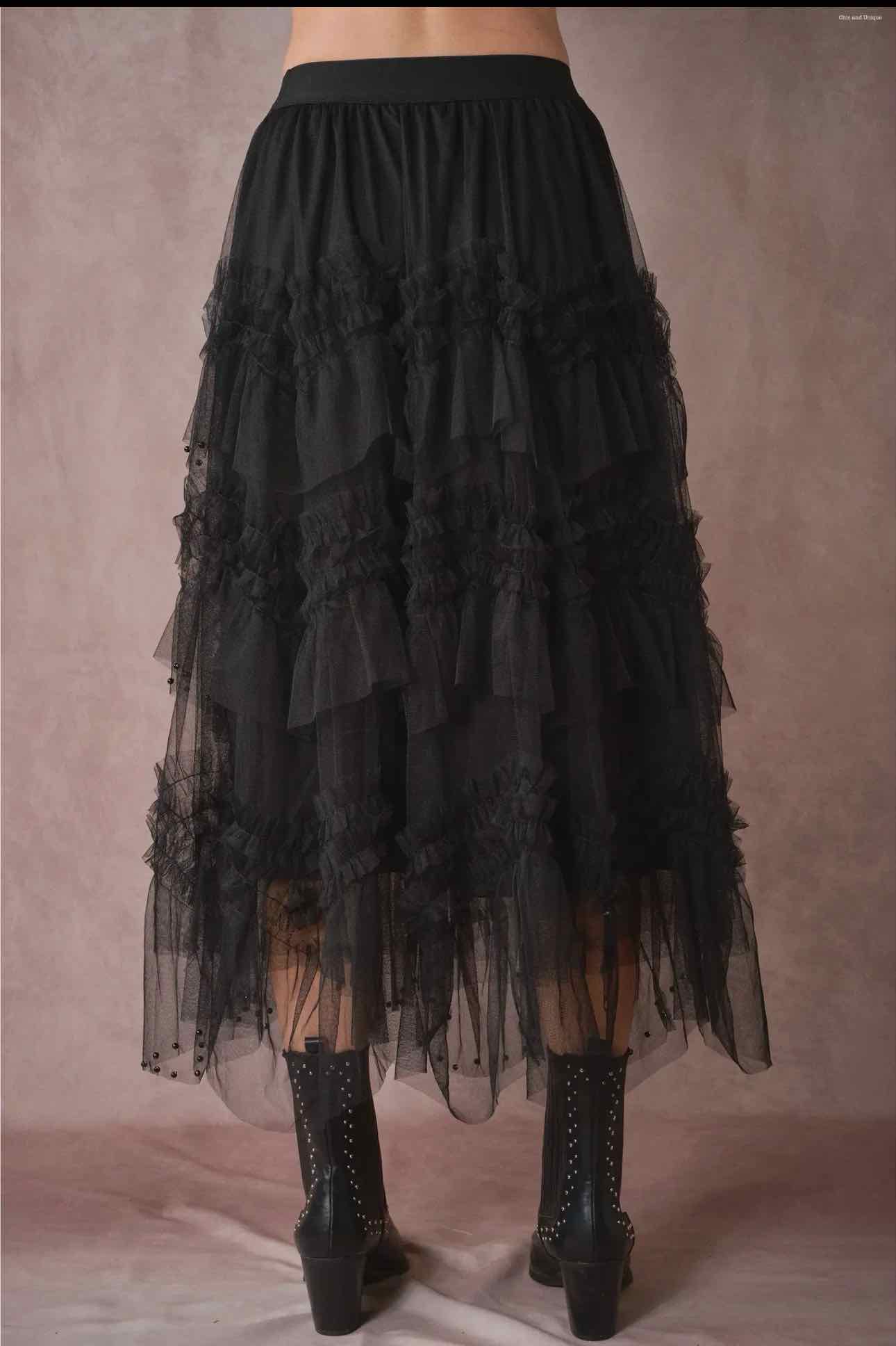 Country Blooming Lace Black Beaded Maxi Skirt