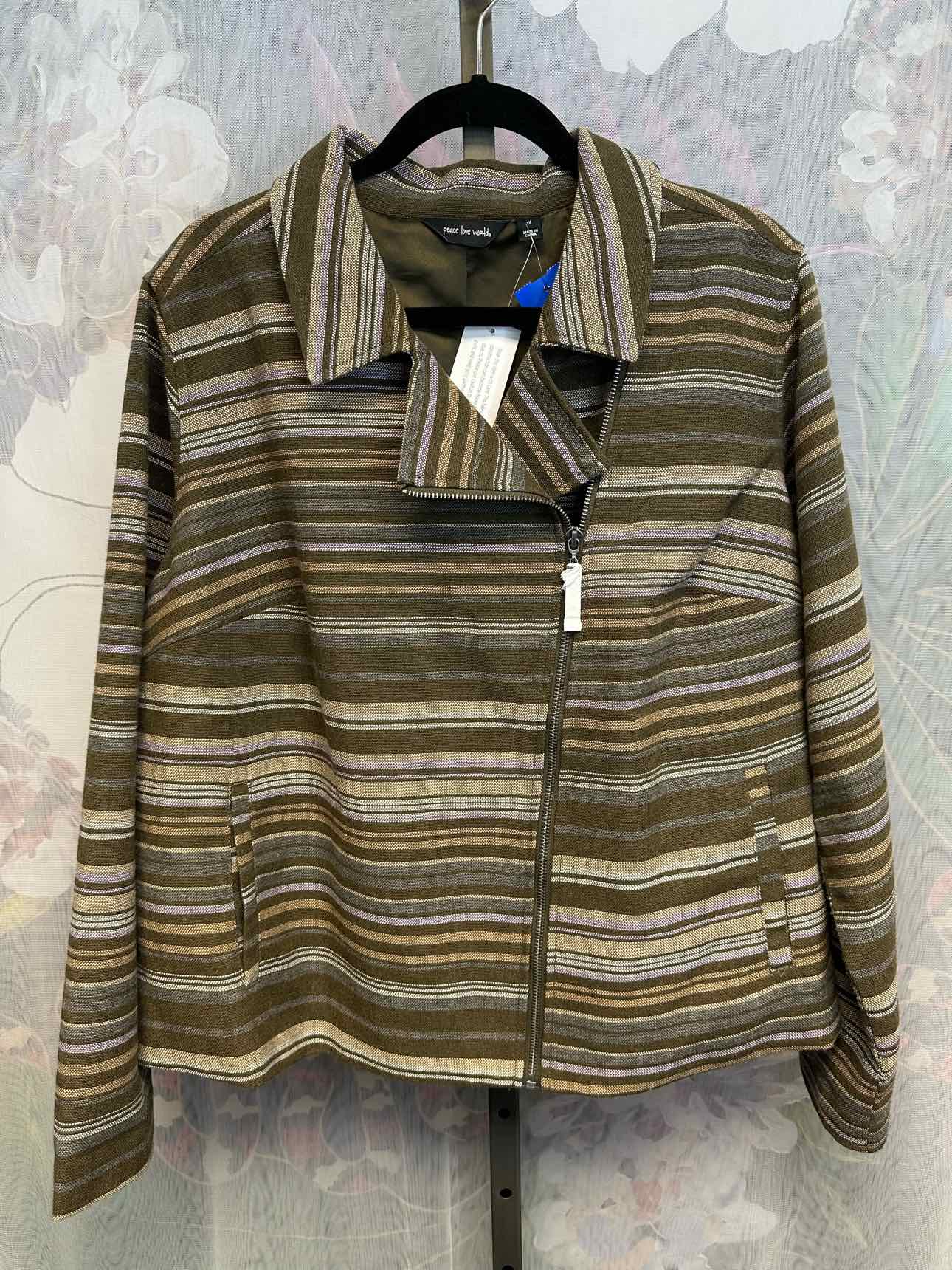 peace love world 1X Olive NEW NWT striped zip-up, asymmetrical tweed jacket