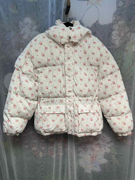 Flat White Floral Quilted Puffer Hooded Zip Up Size Medium White/Pink Coat