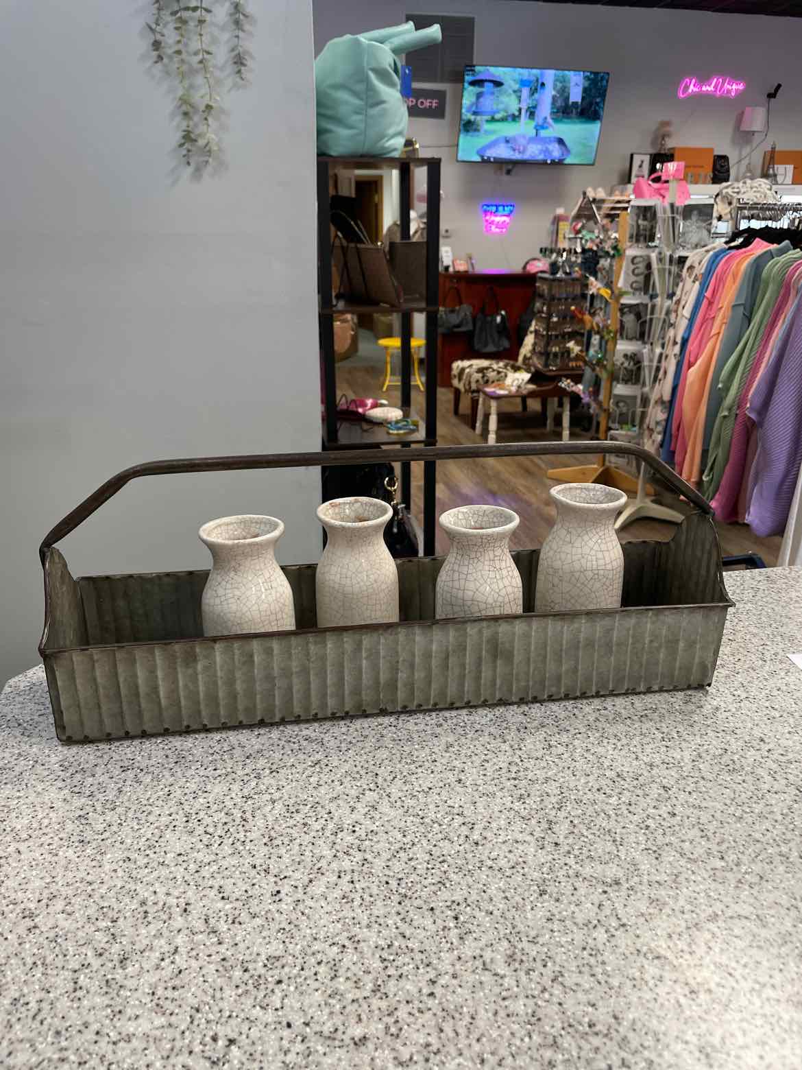 Rustic Metal Tote with 4 Crackle Bud Milk Jug Ceramic Bottles Home Decor