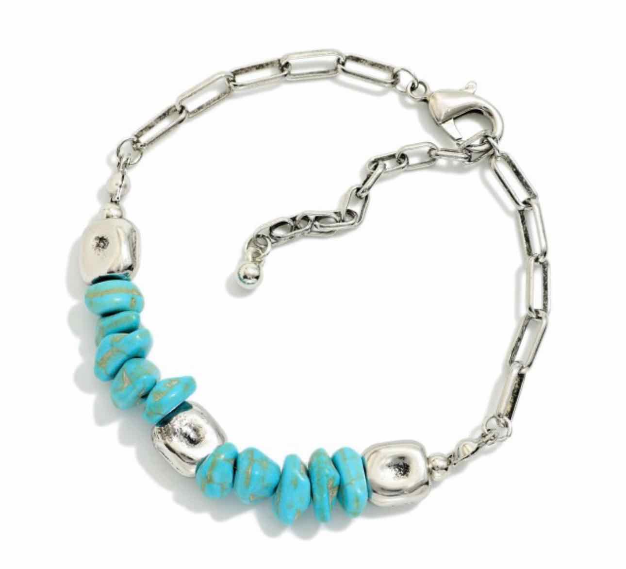 Chain Link Beaded Bracelet with Turquoise Stones, Adjustable Length