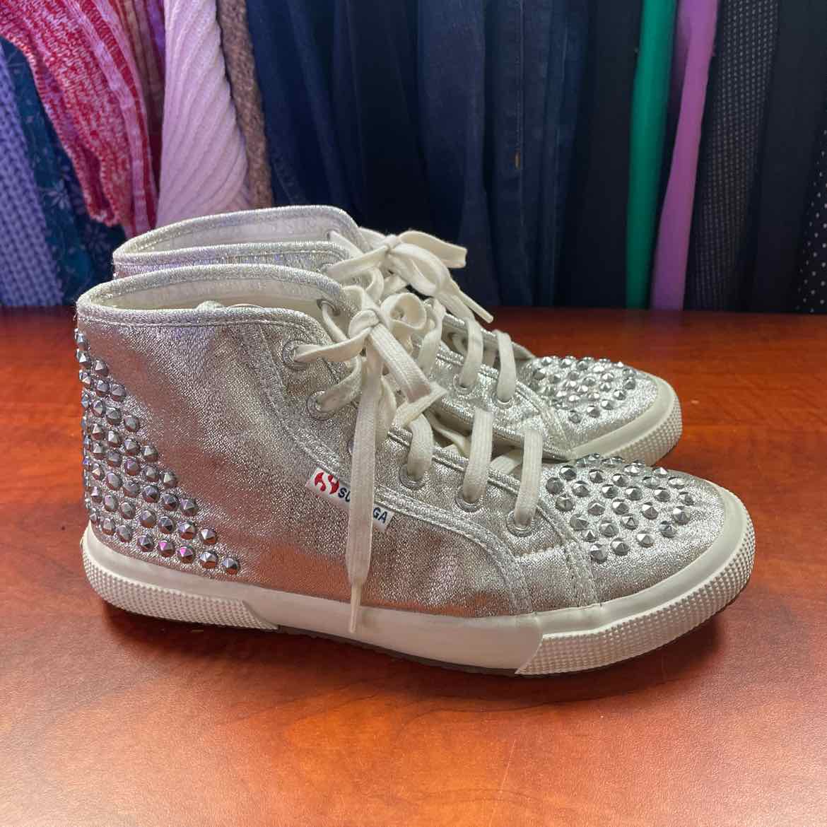 Superga 2095-LameStud Silver Stud Hi-Top Sneakers Size 5 1/2