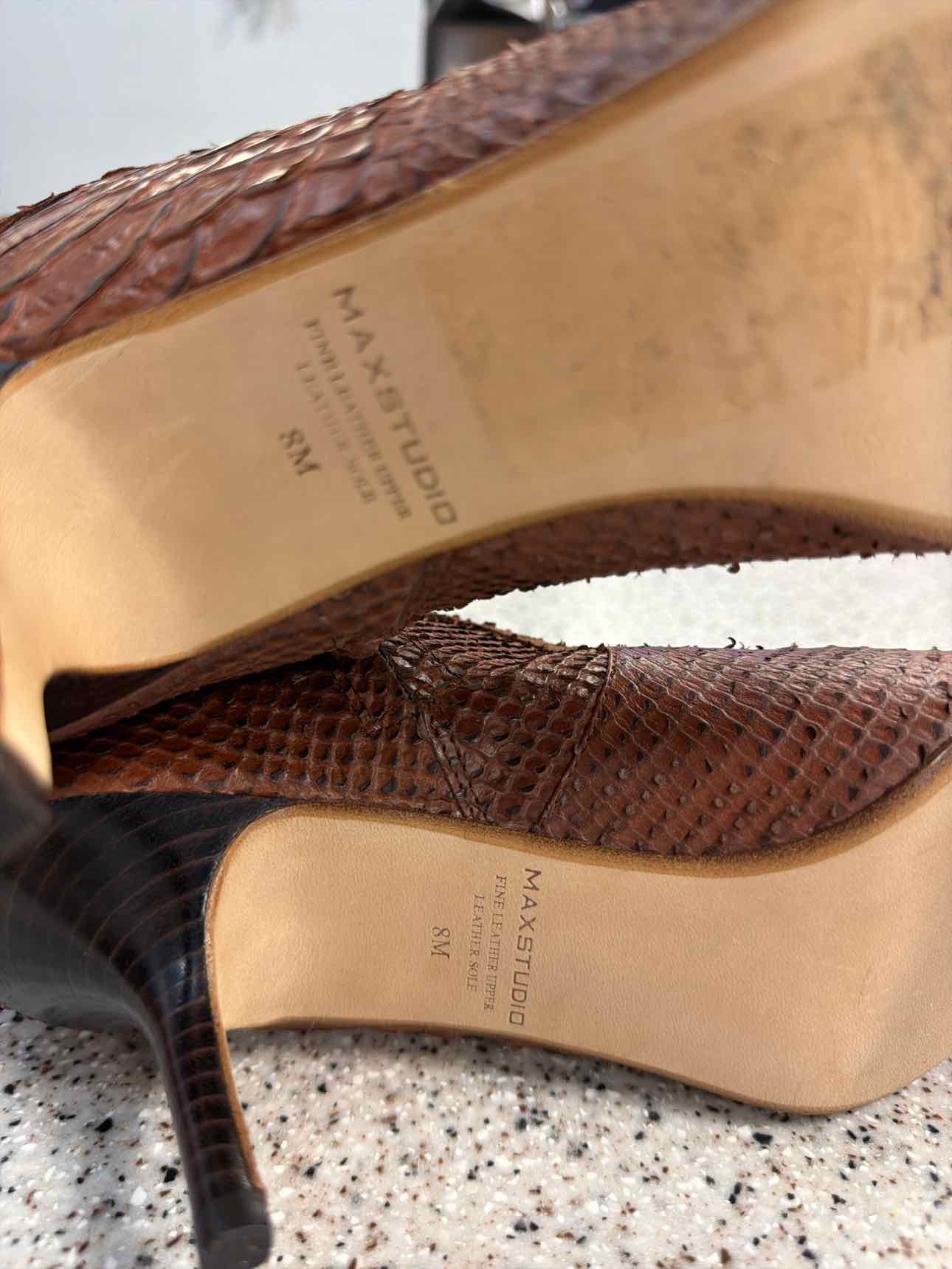 Max Studio 8 Knee High Snakeskin Embossed Pointed Toe Stiletto Brown Boots NEW