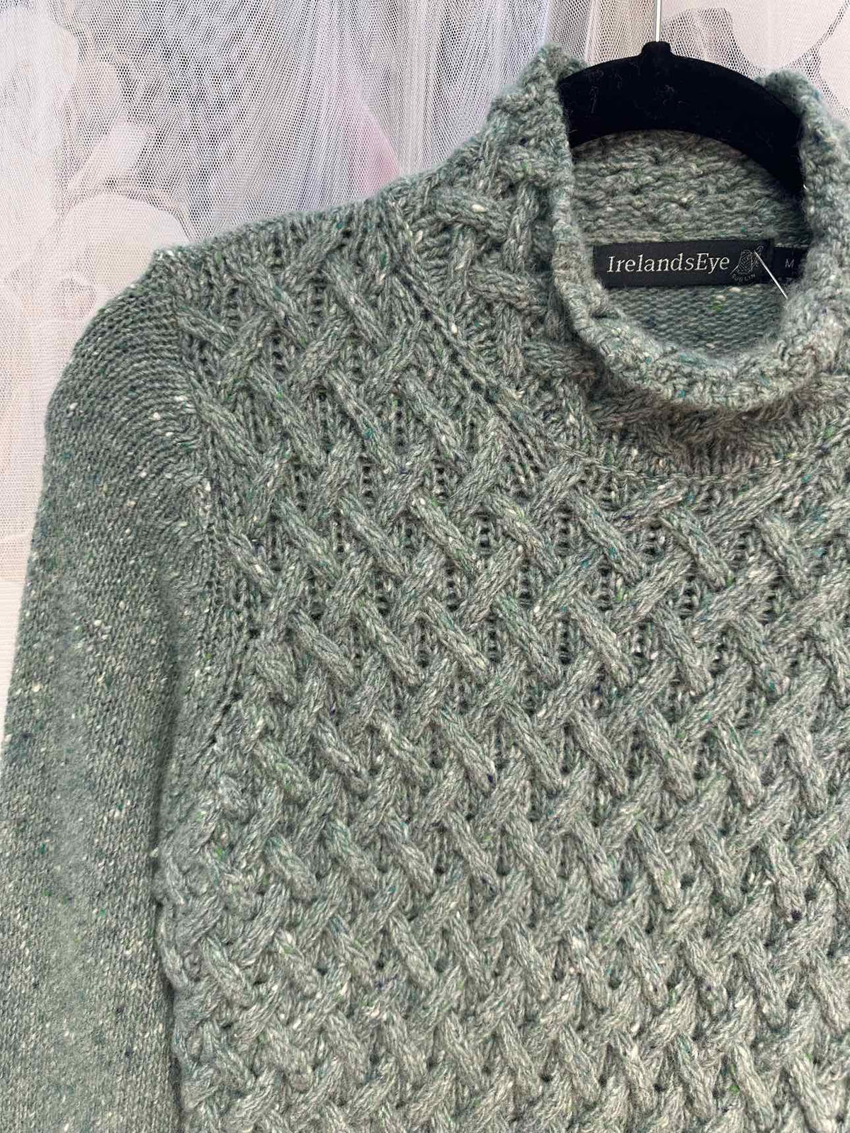 Irelands Eye Wool/Cashmere Blend Trellis Cable Knit Size Medium Teal Sweater