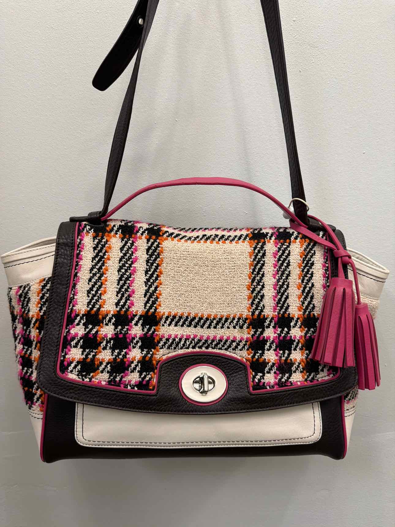 Coach Legacy Multicolor Tweed Duffle tweed plaid leather turnlock Pink Handbags