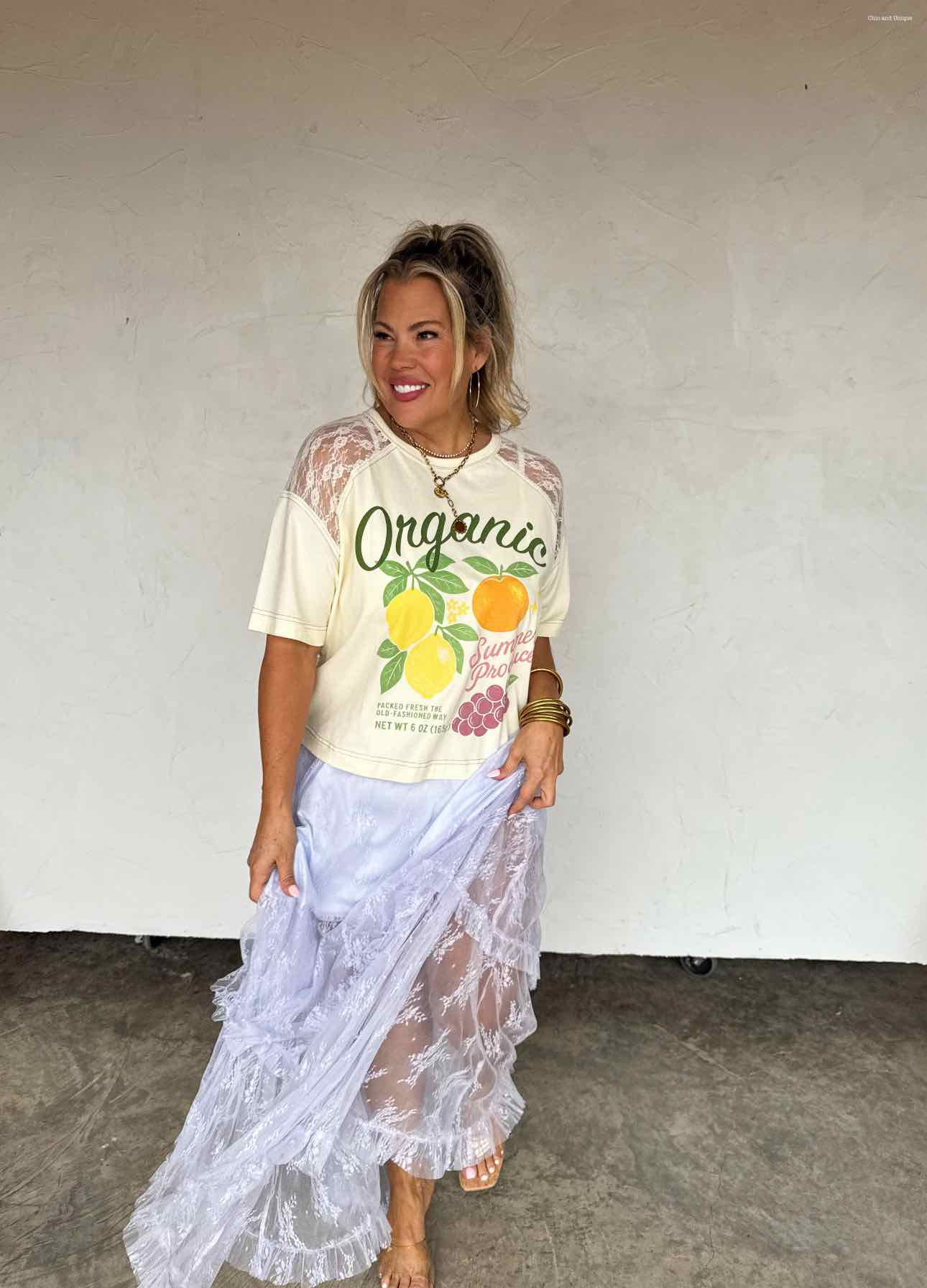 Blakeley Lace Sleeve Organic Summer Produce Knit Yellow Top
