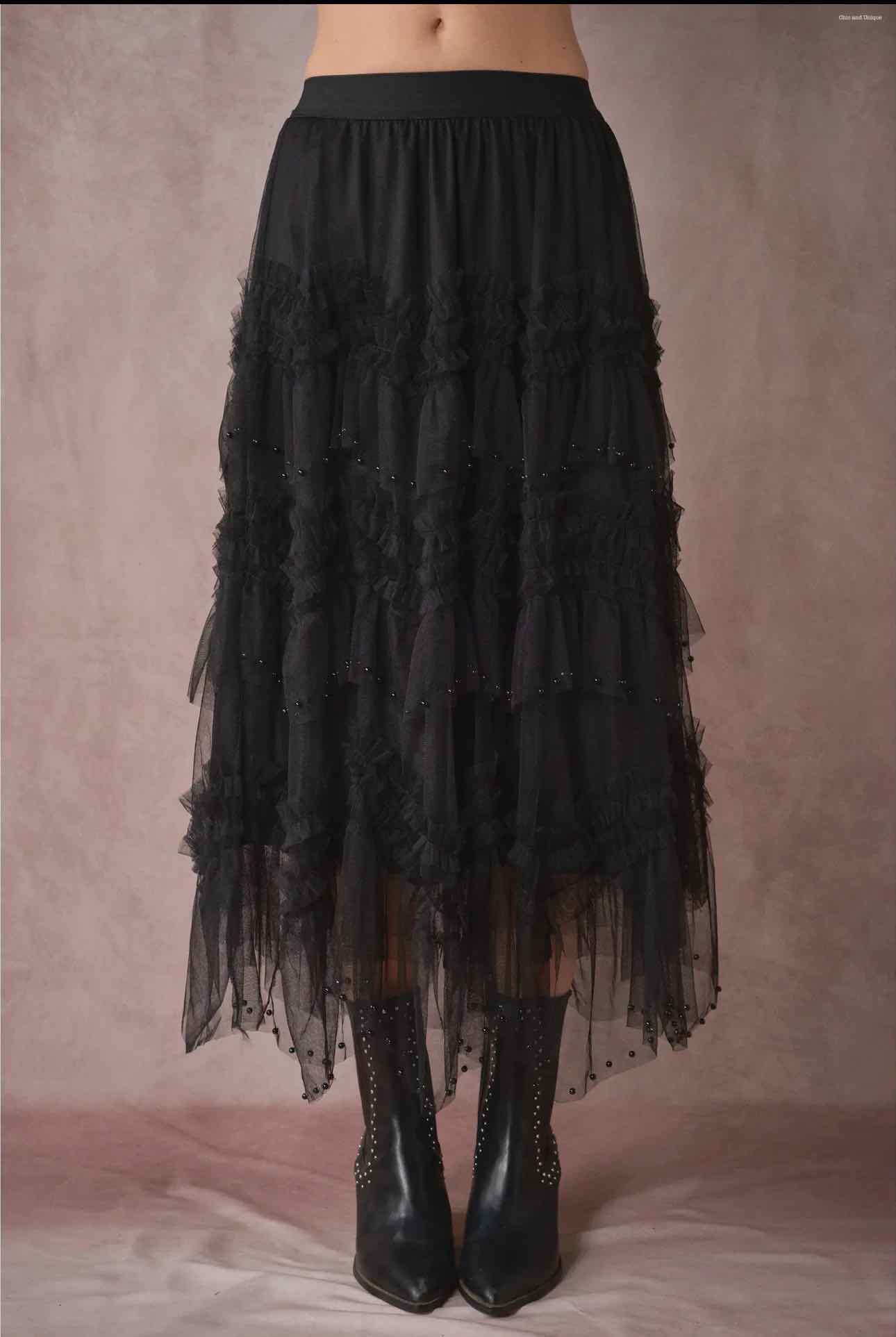 Country Blooming Lace Black Beaded Maxi Skirt