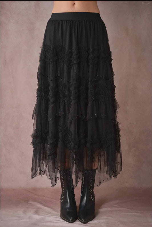 Country Blooming Lace Black Beaded Maxi Skirt