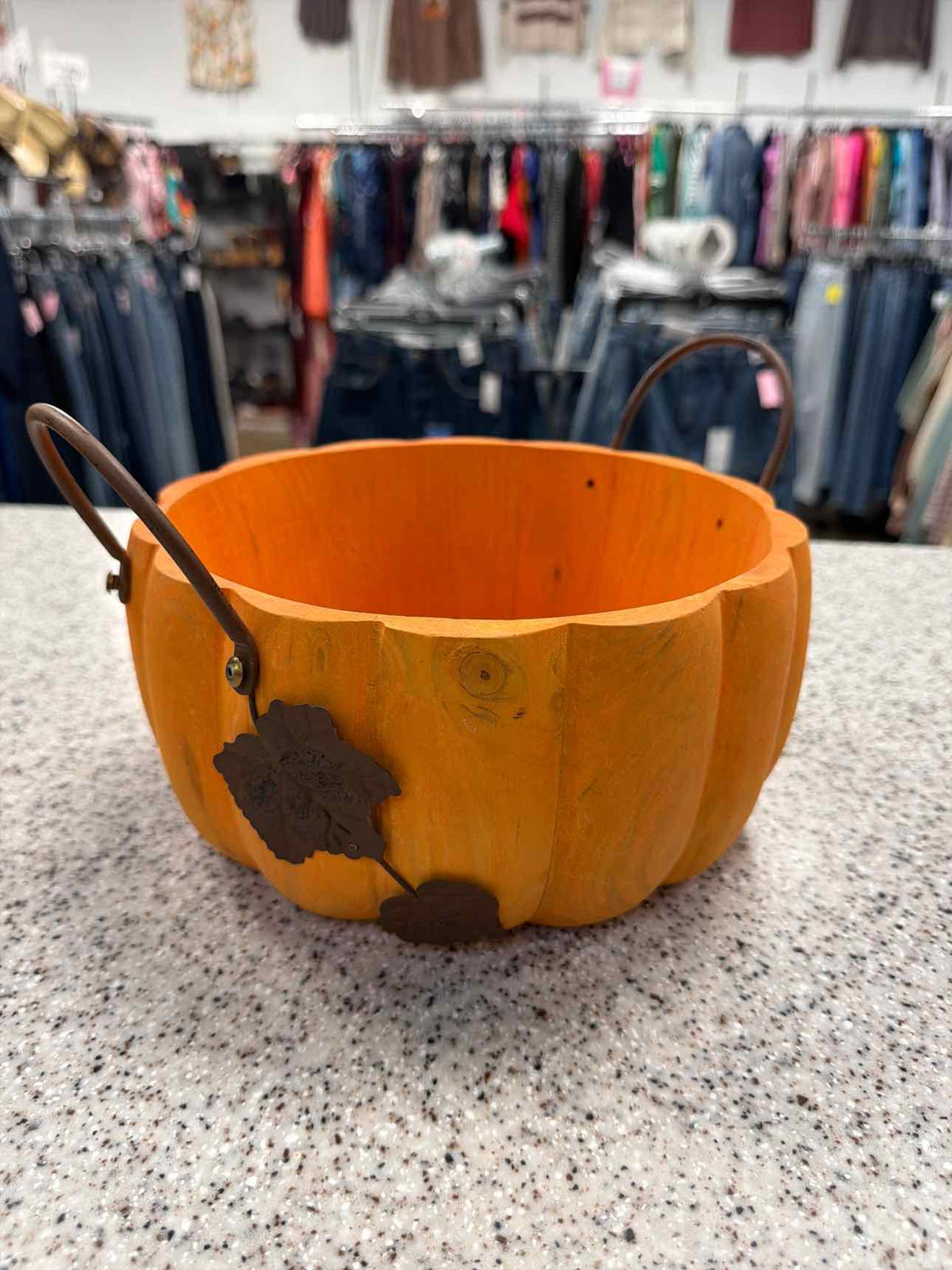 Wood Painted Pumpkin Basket Metal Handles Leaves Household