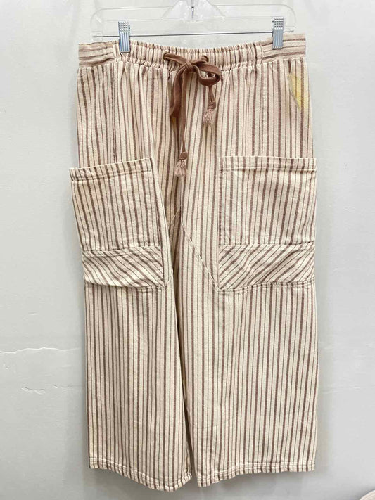 Peach Love Size Large Tan Striped Cargo Pocket Cropped Pants
