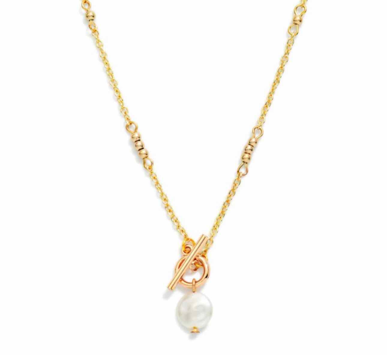 Chain Link Necklace Metal Tone Beaded Stations With Flat Pearl & Toggle Clasp