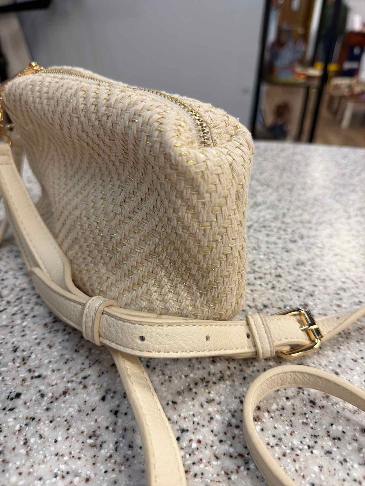 Madison West Cream Woven Canvas Gold Shimmer Crossbody Wristlet