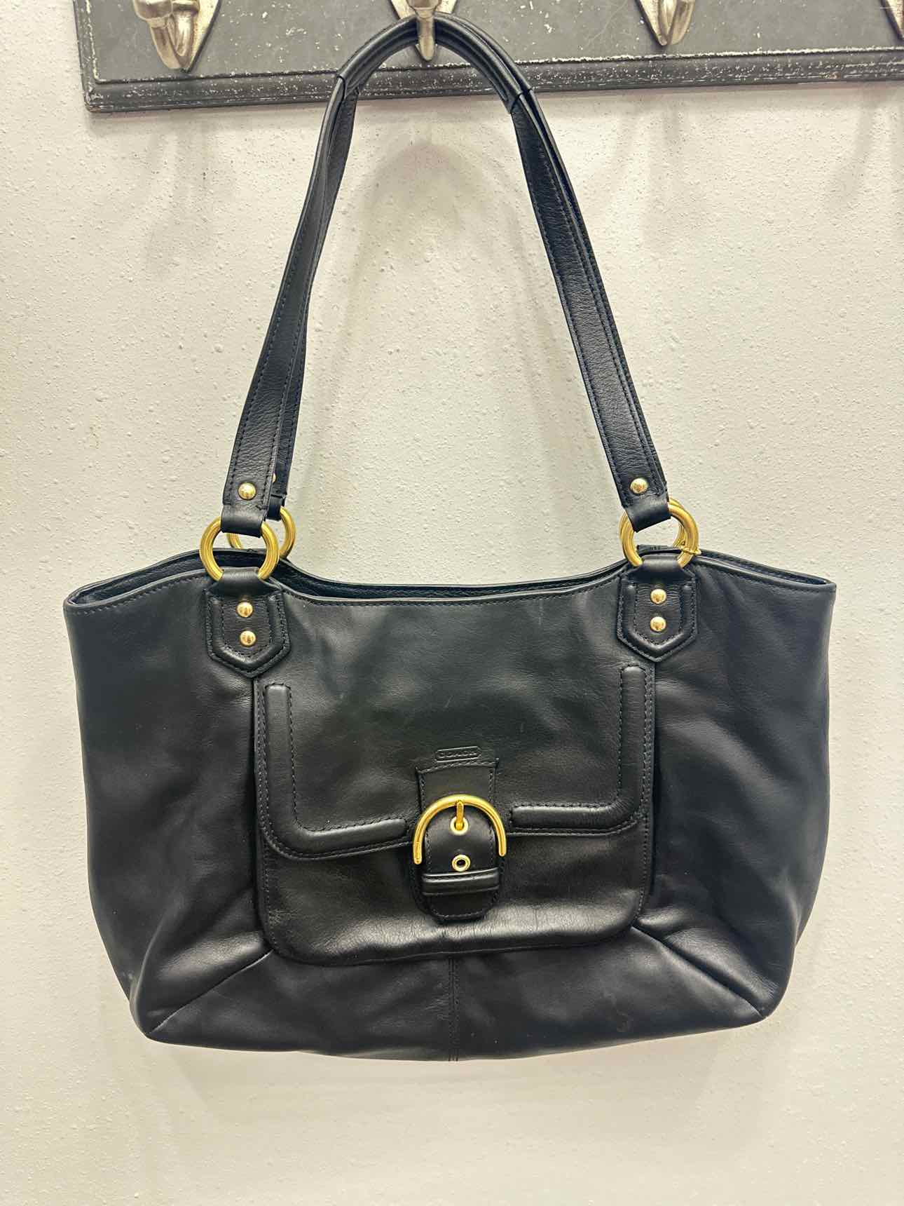 Coach Campbell Belle Carryall Leather Shoulder Bag with Buckle Black Handbags