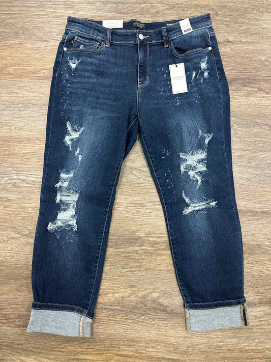 Judy Blue 15(32) Mid Rise Boyfriend Cuffed Bleach Distressed Dark Wash Jeans