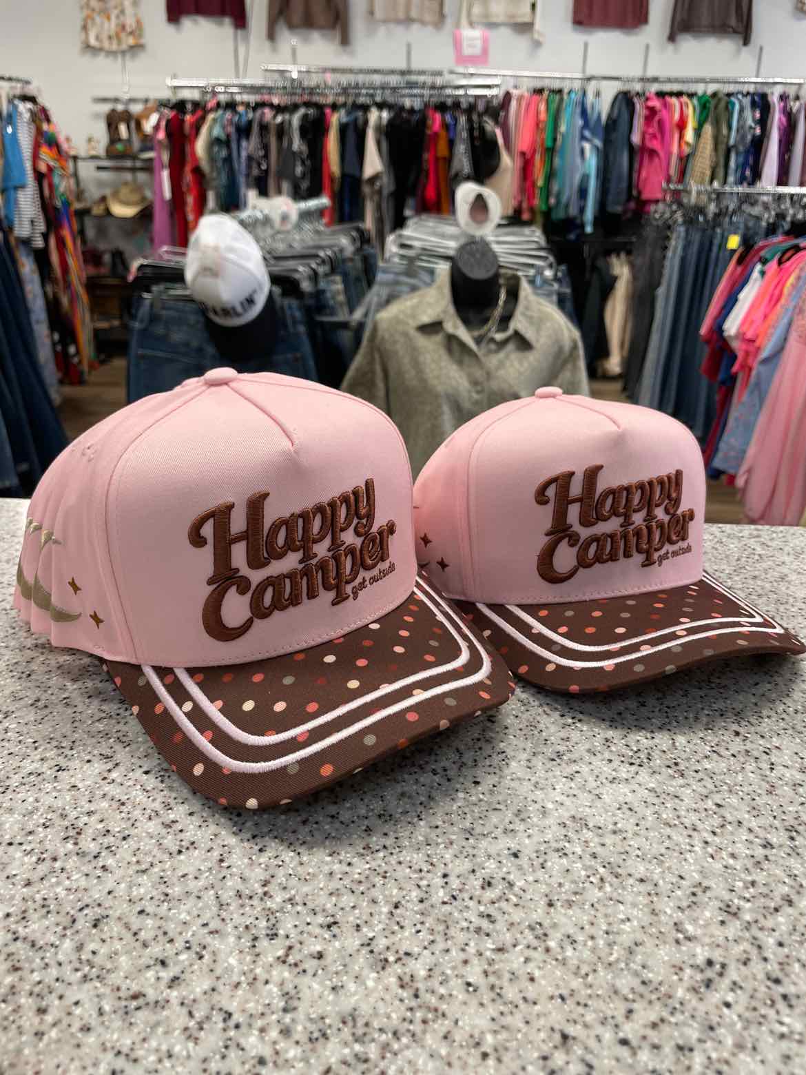 Happy Camper Embroidered Stitching Floral or Dotted Print Trucker Hat
