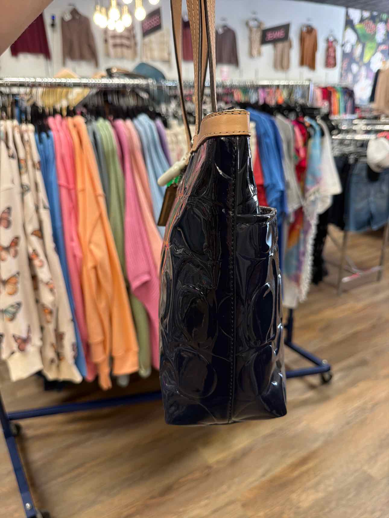 Coach Peyton Embossed Signature C Patent Leather Tote in navy blue Handbags