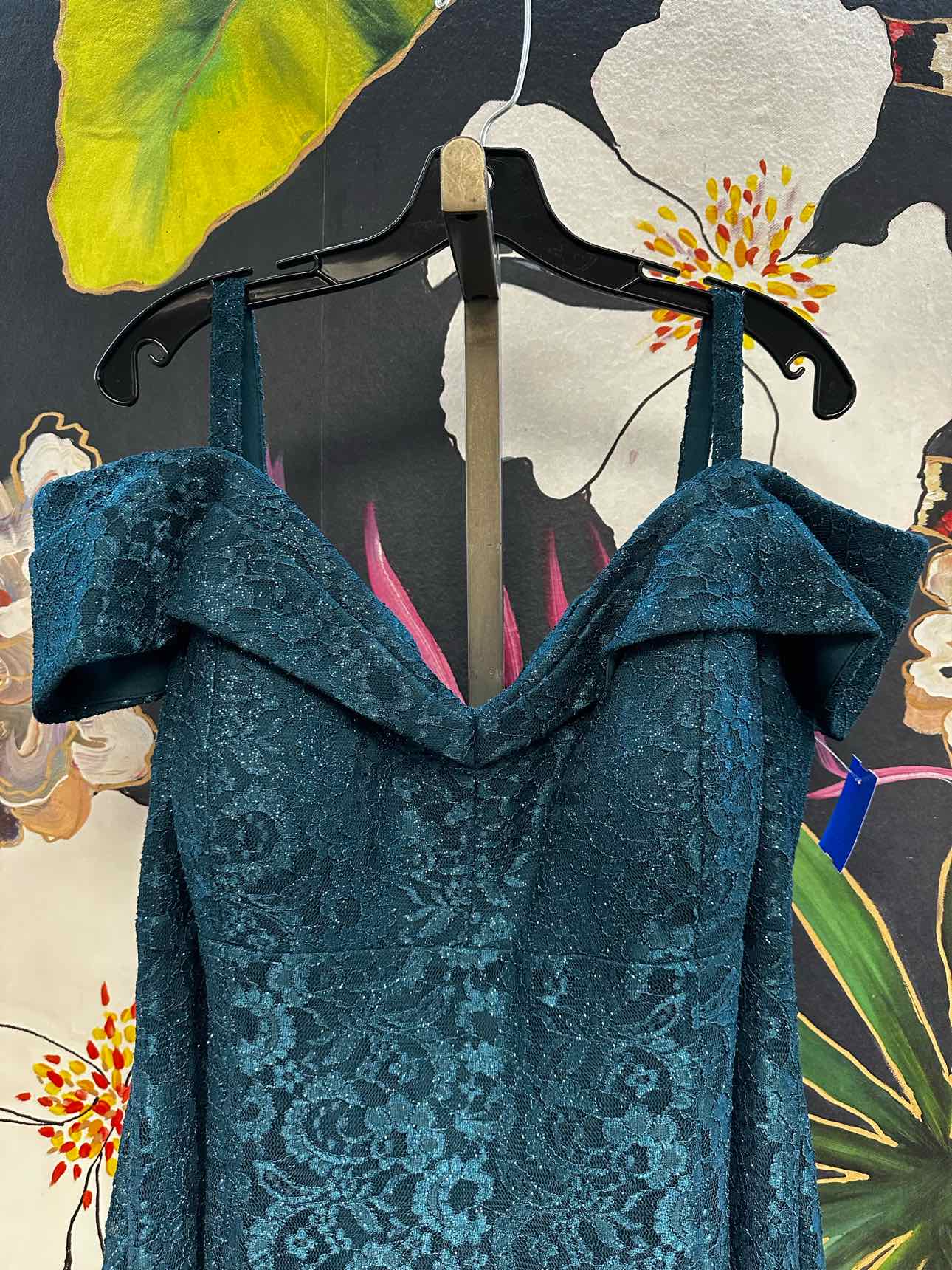 R&M Richards Size 22 Dark Teal Formal Embroidered Glitter Midi Gown Dress