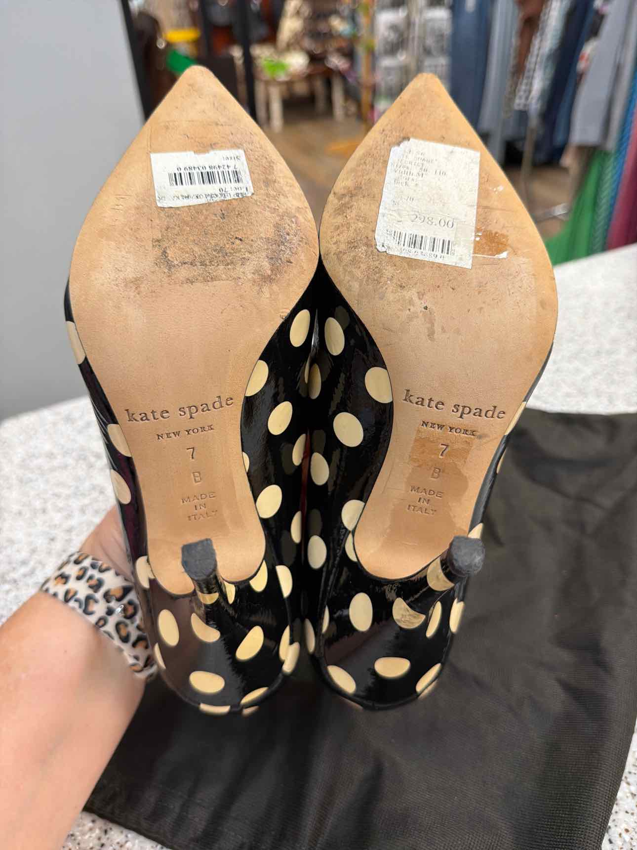 Kate Spade Size 7 Licorice Too Pump Polka Dot Leather Heels Black Tan Shoes