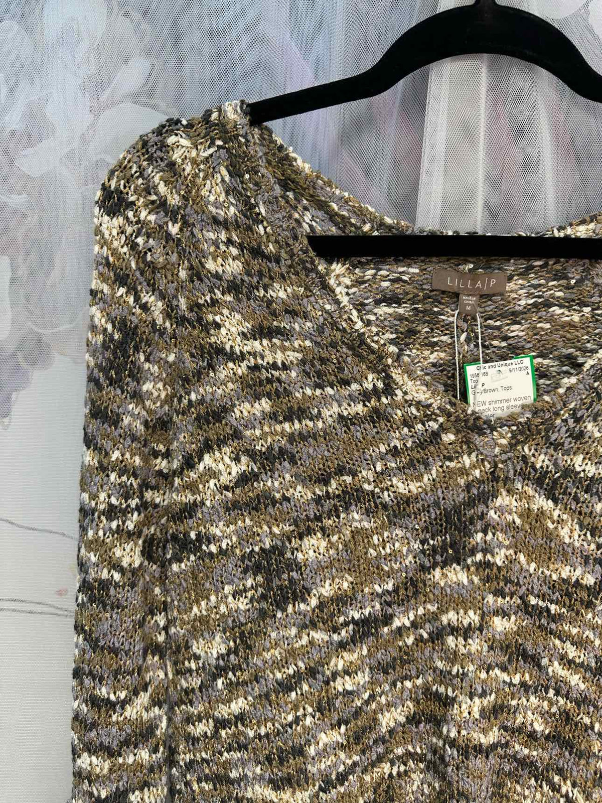 Lilla P NEW NWT Sequin Woven V-Neck Long Sleeve Size Medium Grey/Brown Sweater