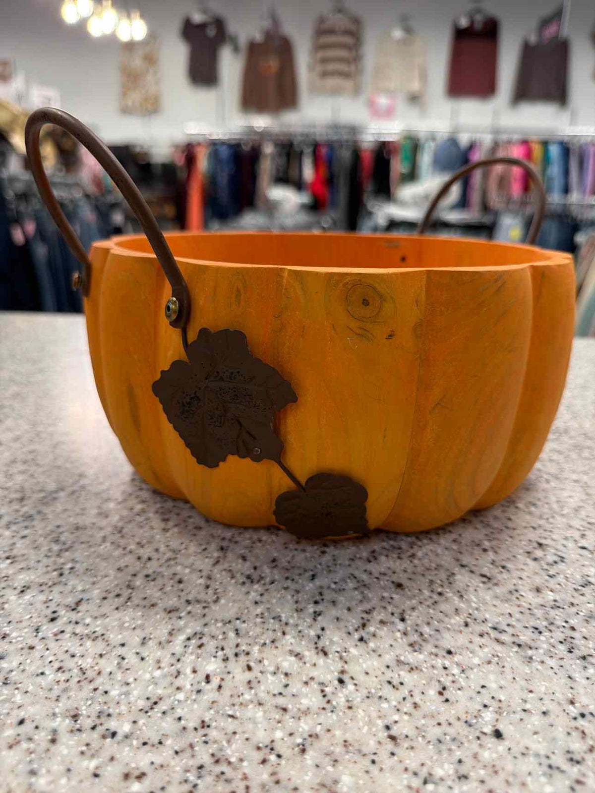 Wood Painted Pumpkin Basket Metal Handles Leaves Household