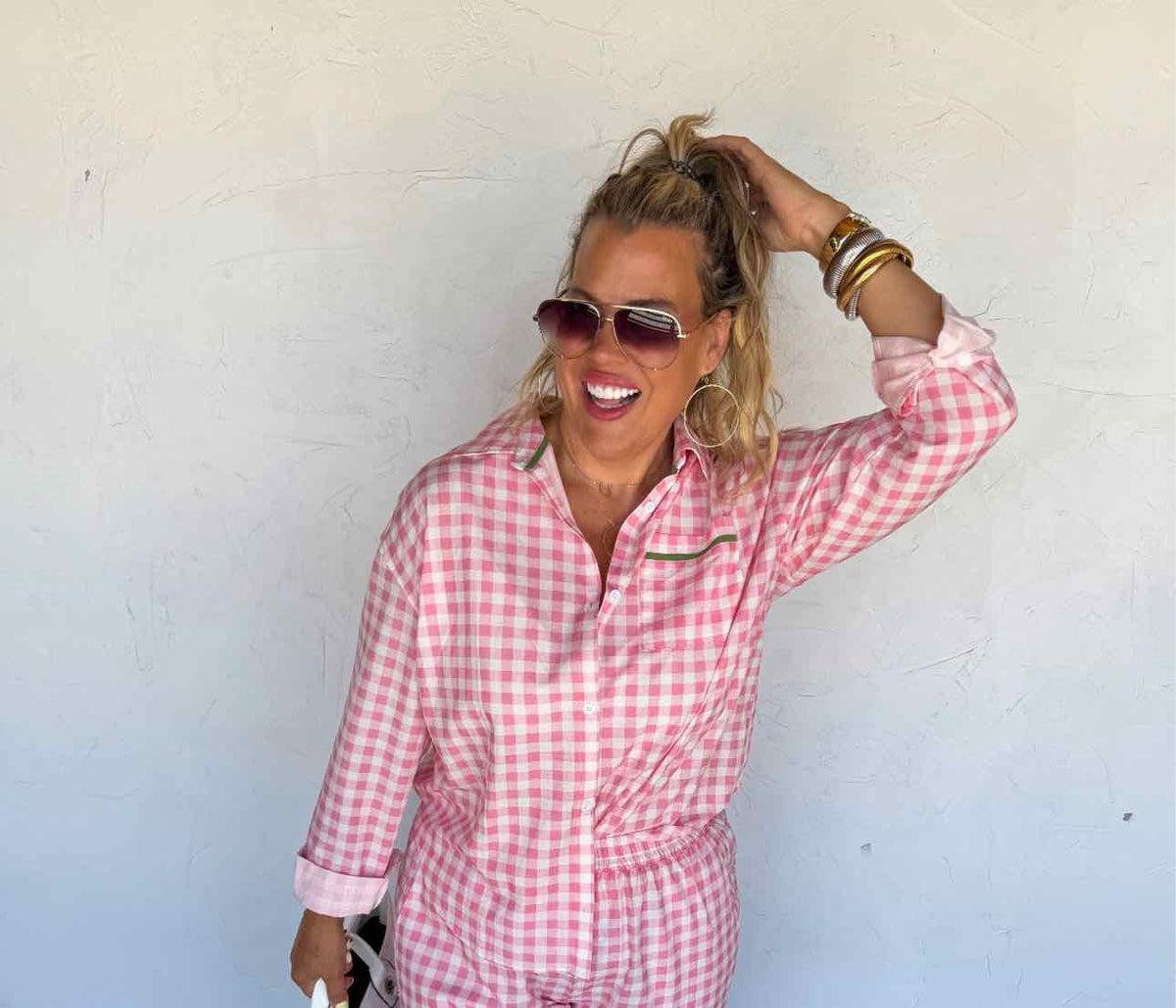 "Island Time"  Embroidered Gingham Button Down Long Sleeve Top