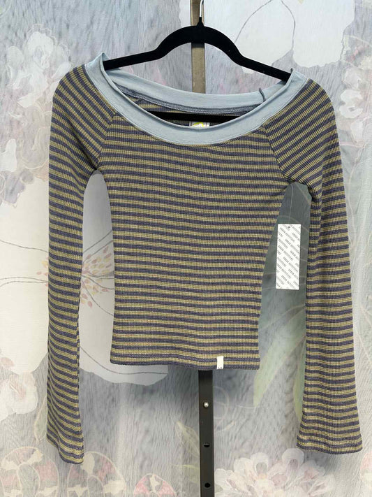 BDG  XS Green/Blue Thermal Striped Cropped Long Sleeve Top NEW NWT