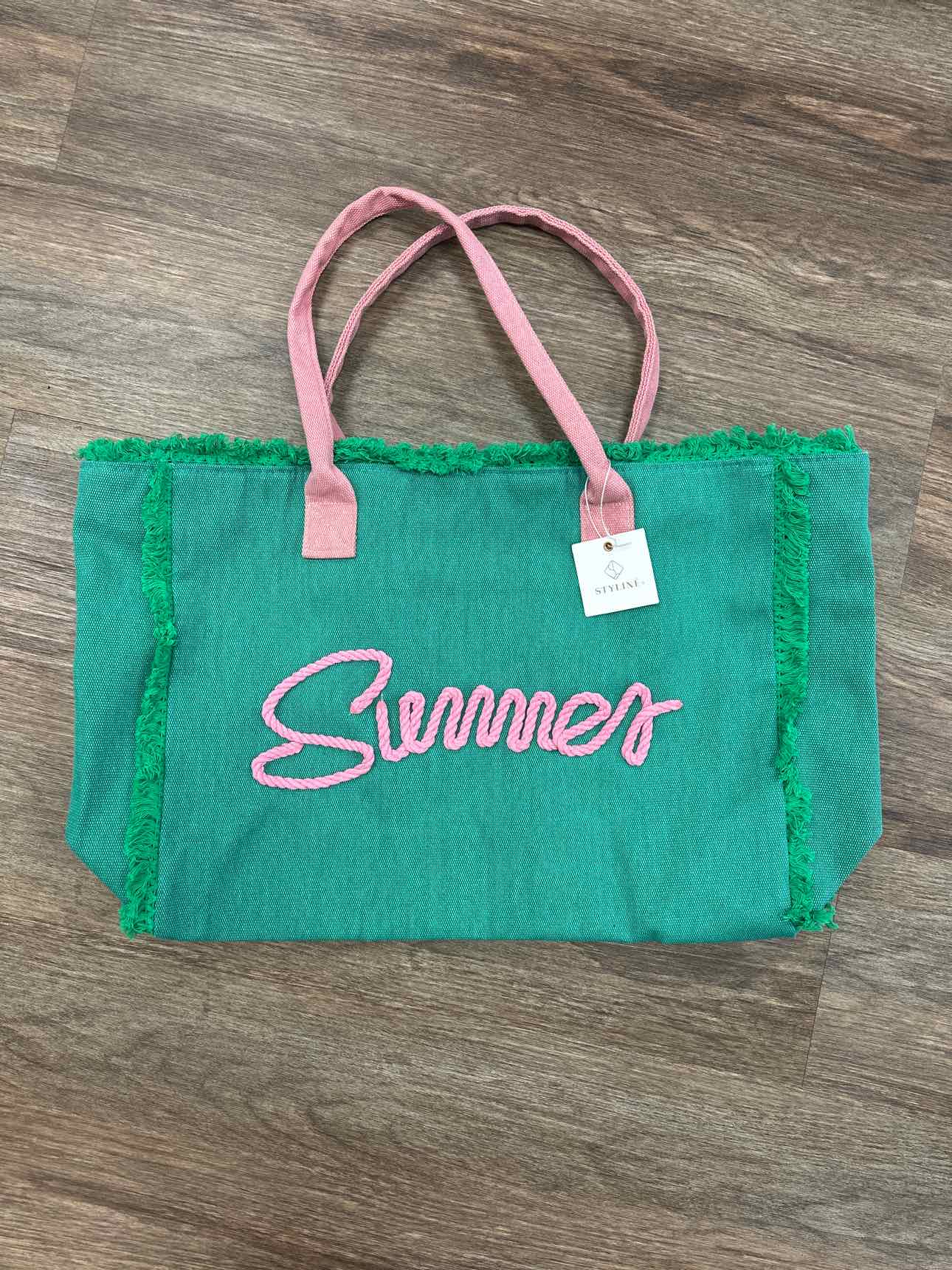 Summer Canvas Beach Tote Large Green and Pink Handbag