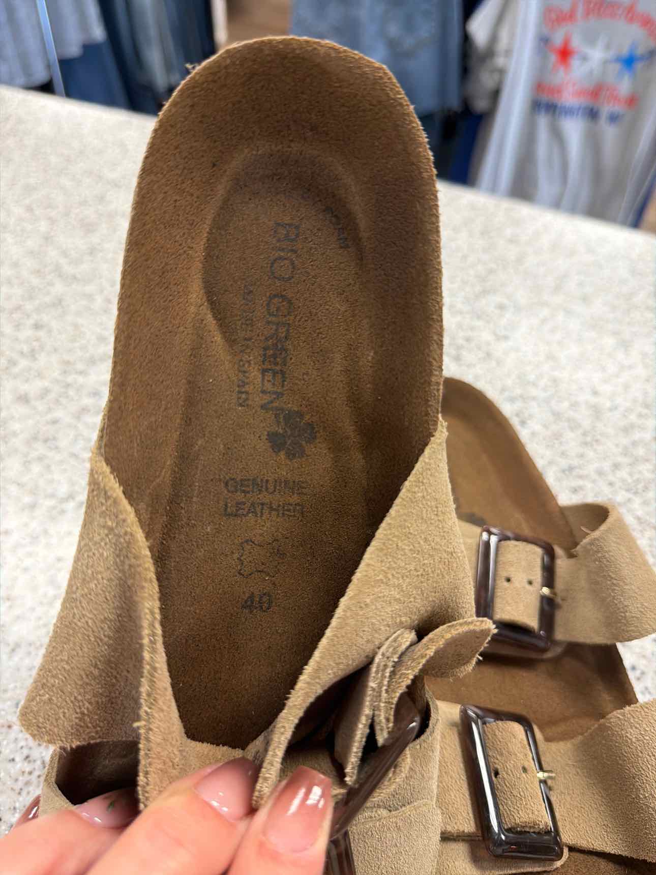 Bio Green Size 40 Suede Double Buckle Slide Cork Sandals Beige