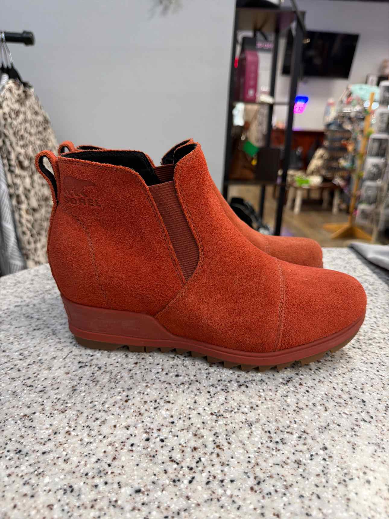 Sorel 7.5 Women's Evie Pull On Waterproof Suede Leather Wedge Warp Red Boots