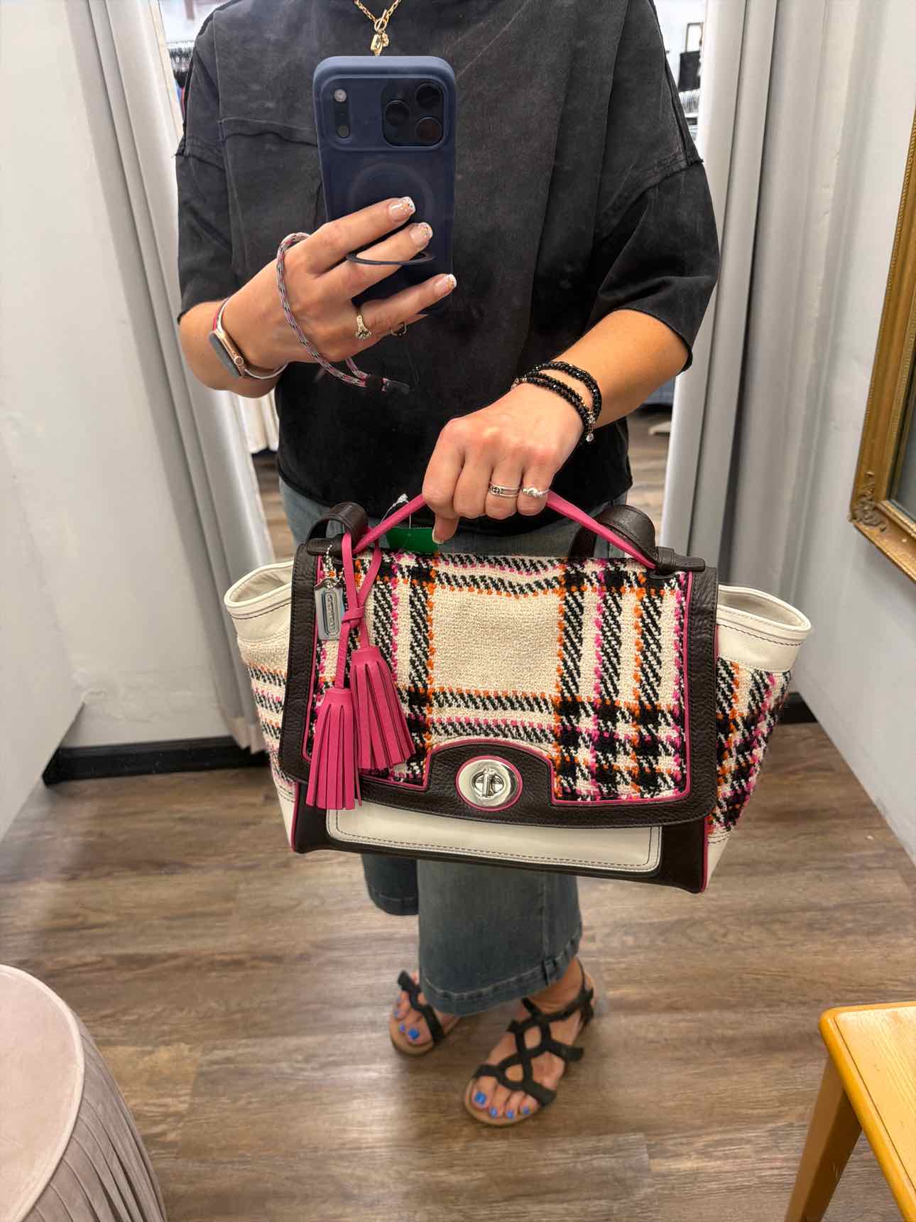 Coach Legacy Multicolor Tweed Duffle tweed plaid leather turnlock Pink Handbags