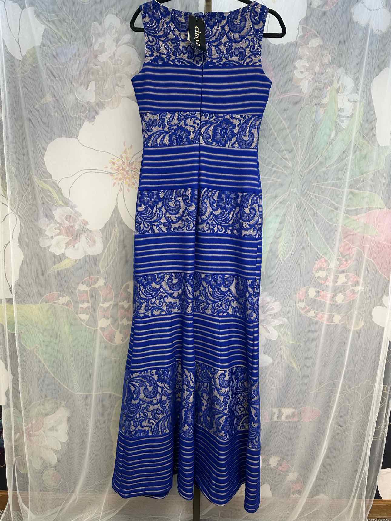 NWT Chaya 4 Blue Formal Dress stripe/paisley lace design, floor length