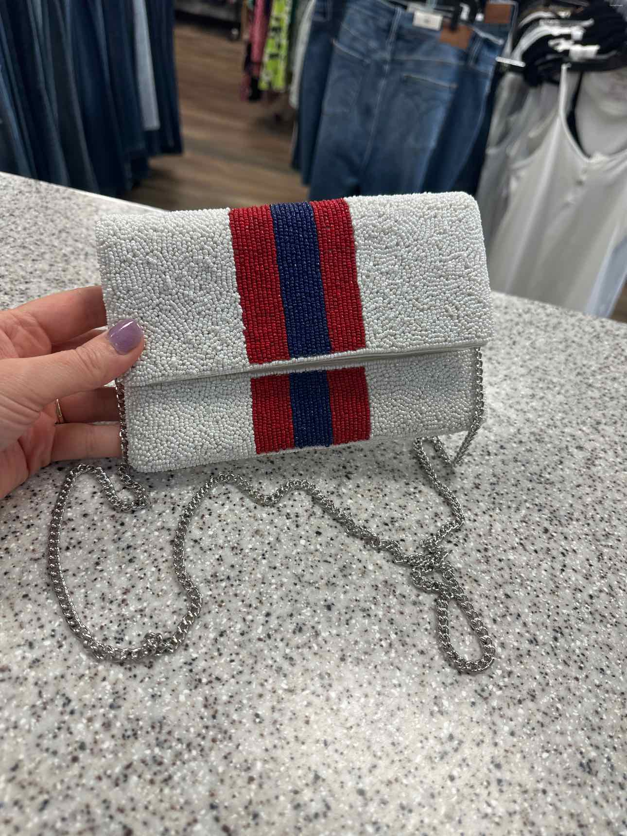Seed Bead Clutch in White with Red and Blue Stripes