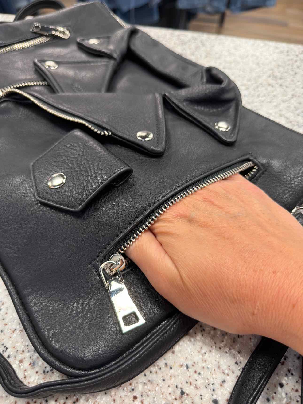 Moto Biker Jacket Crossbody Wristlet Strap Faux Leather Black Clutch
