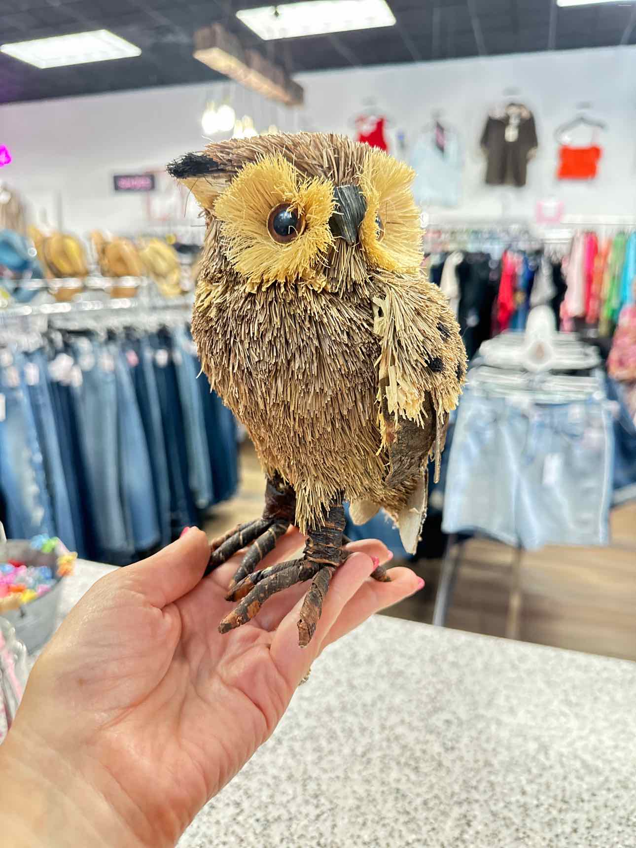 Rustic Owl Figure, made of natural Raffia, Straw, and Wood Home Decor