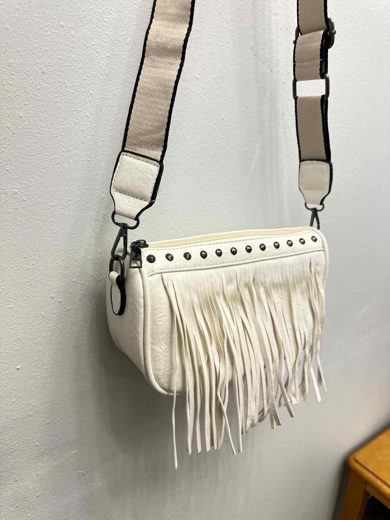 Vegan Leather Fringe Cross Body Bag With Canvas Strap Stud Details Handbags