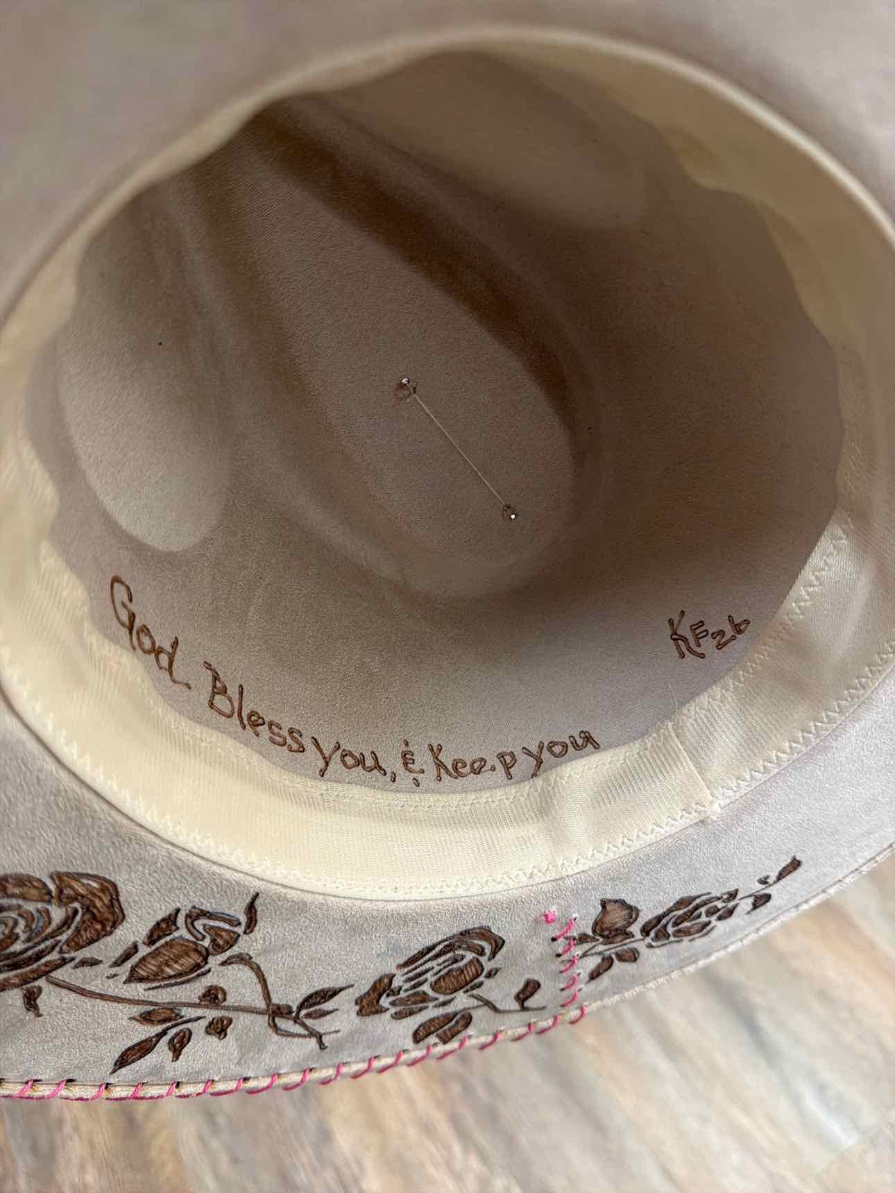 Custom handmade burned cowgirl cowboy hat with rose burnished patch and ribbon