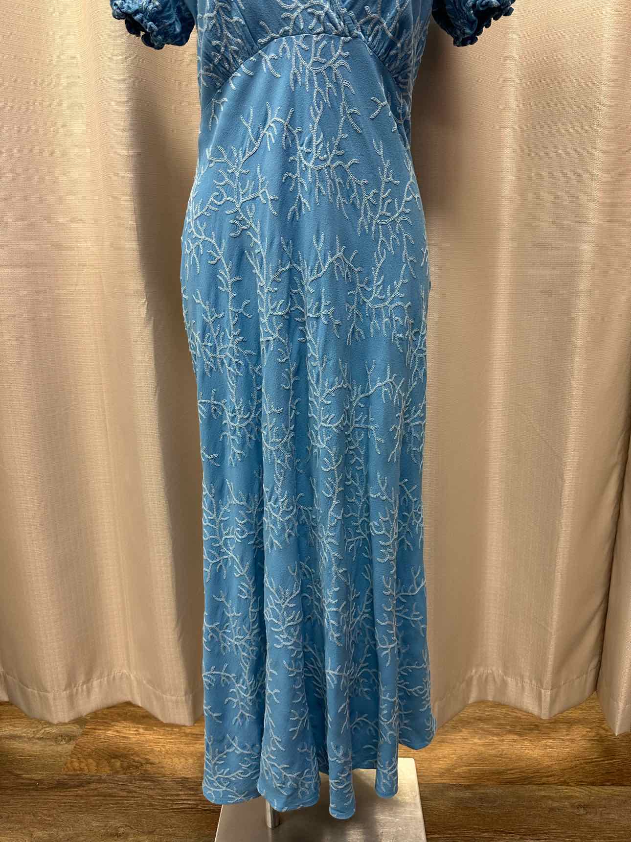 Ghost London Coral Embroidered Puffy Short Sleeve Maxi Medium Aqua Dress