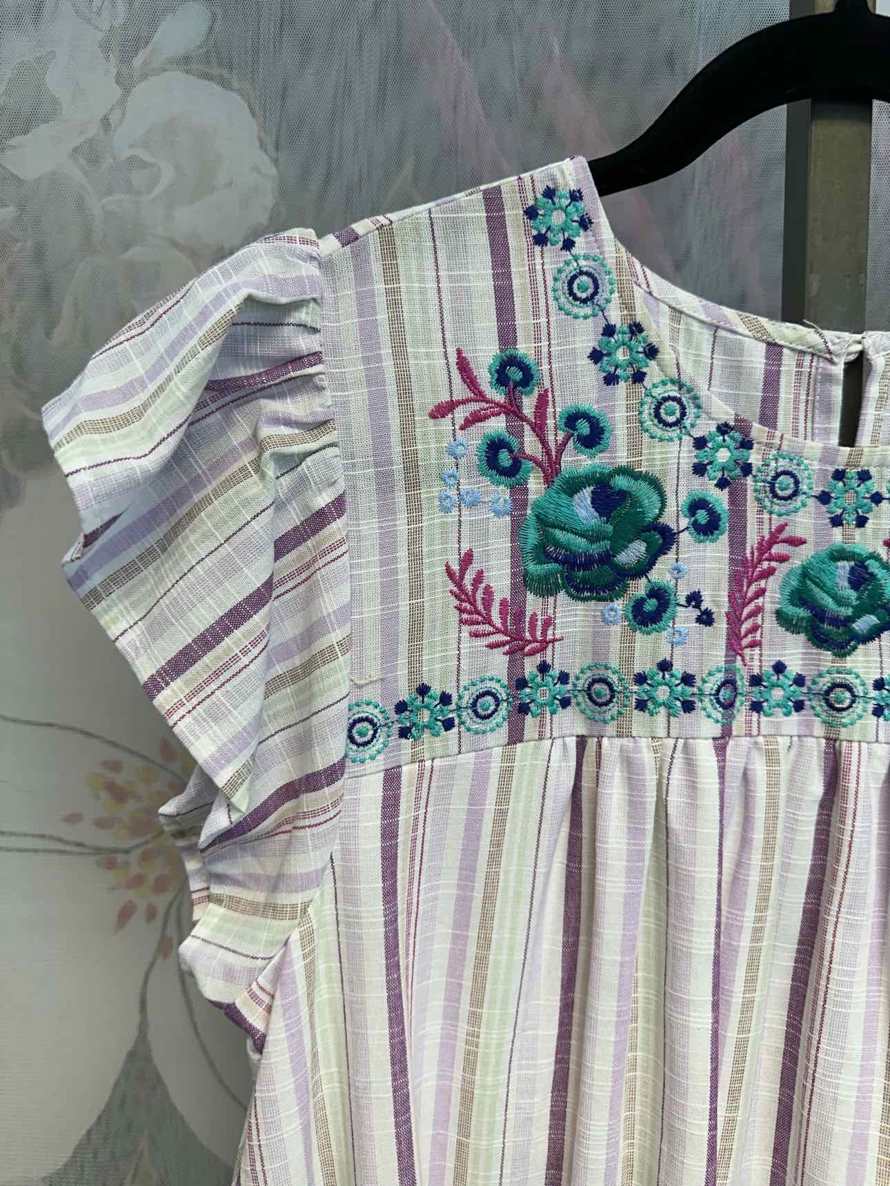 August Sky Large White/Lavender NEW NWT smock, striped, floral embroidered