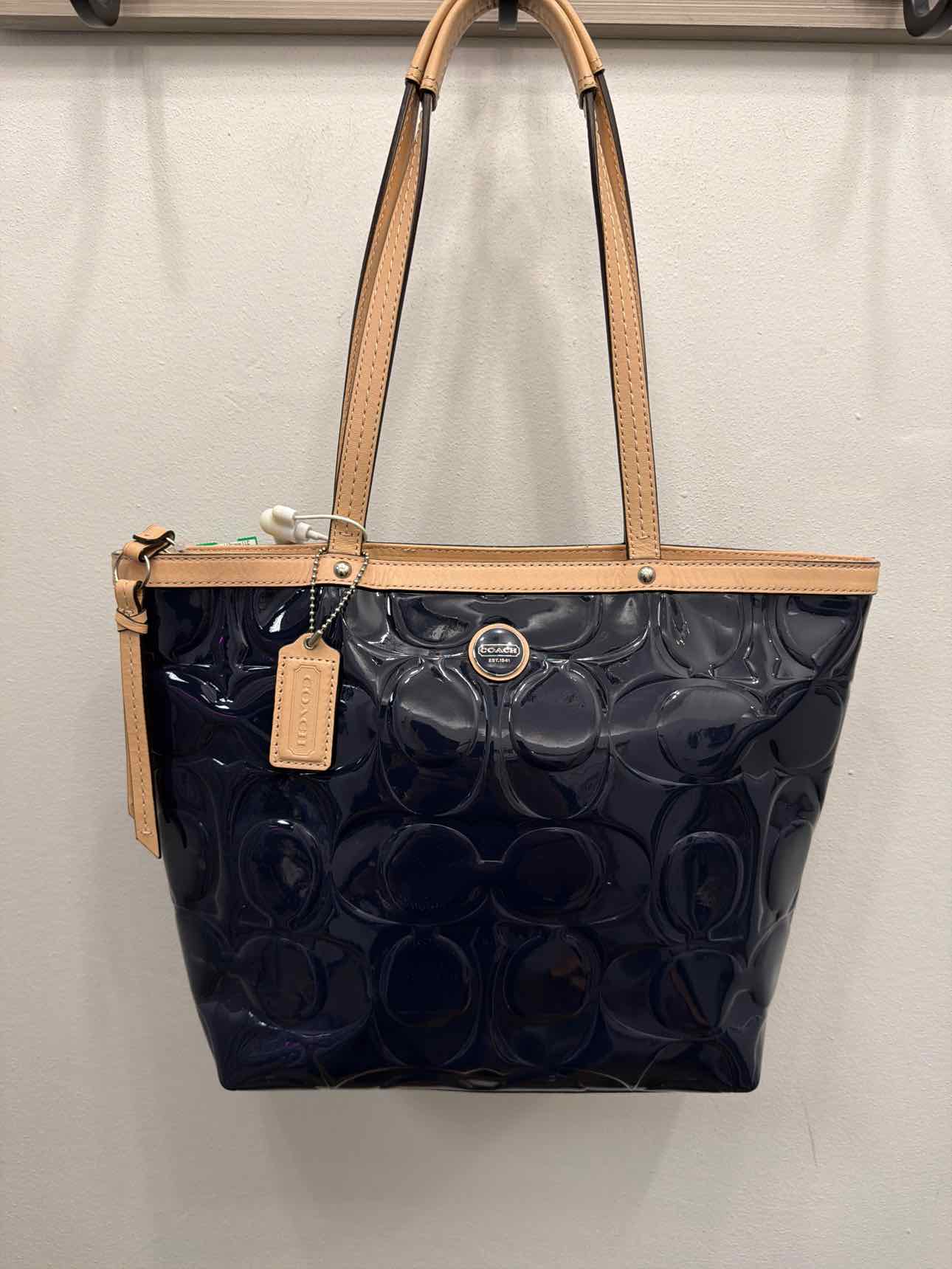 Coach Peyton Embossed Signature C Patent Leather Tote in navy blue Handbags