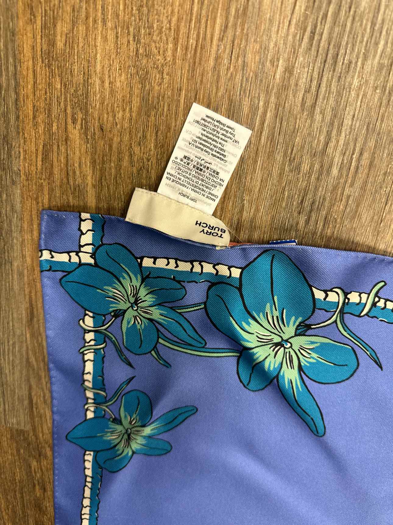 Tory Burch 100% Silk Blue Statue Design Floral Scarf