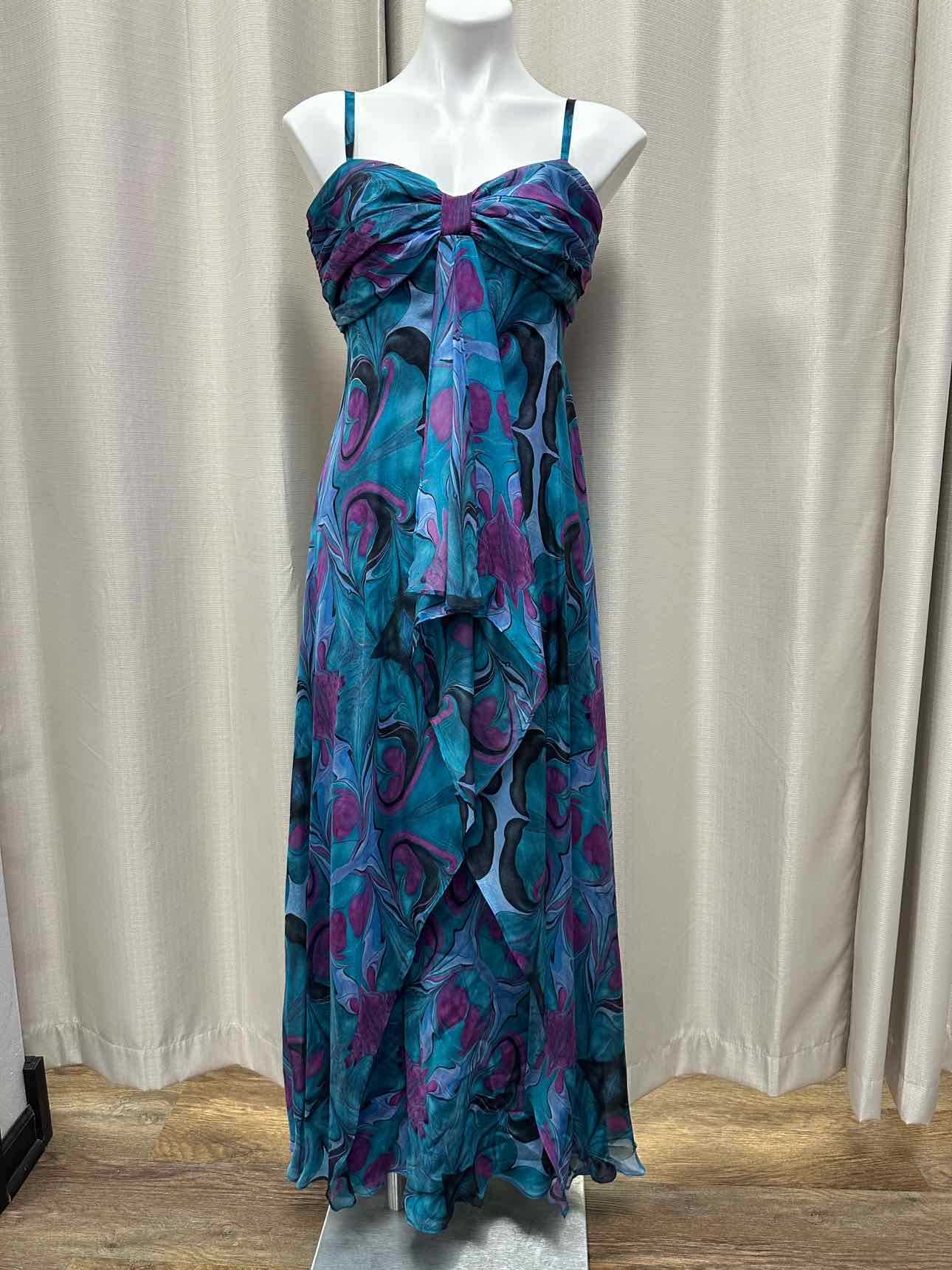 Kirsty by Kirsty Doyle 100% Silk Marbled Design Flowy Maxi 14 Blue/Purple Dress