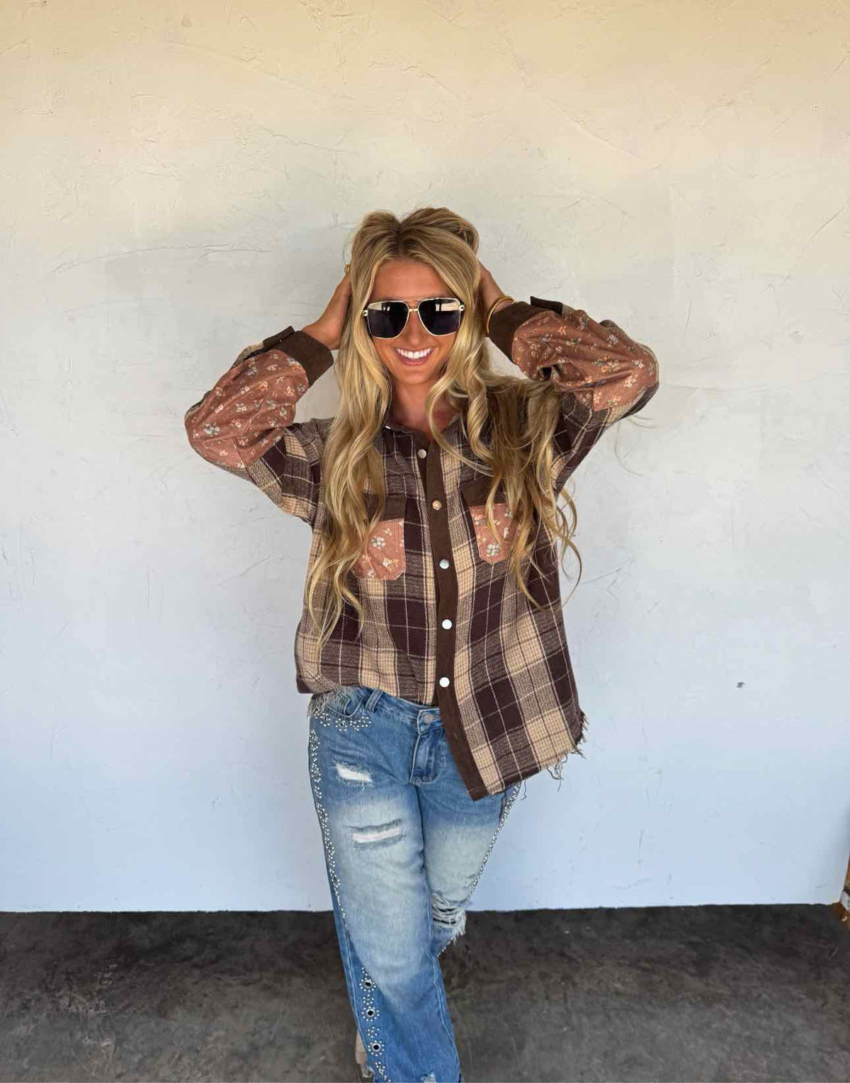 Scarlett Plaid and Floral Corduroy Patch Fall Shacket