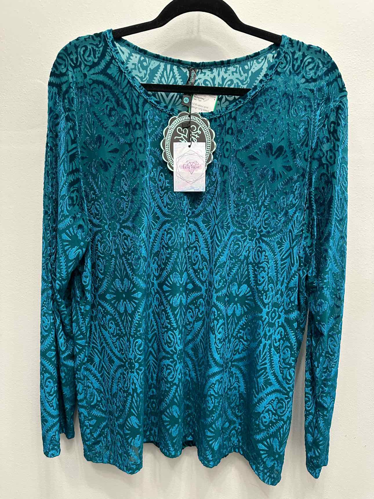 Sterling Kreek NEW NWT Velour Semi Sheer Long Sleeve Size 3X Teal Top
